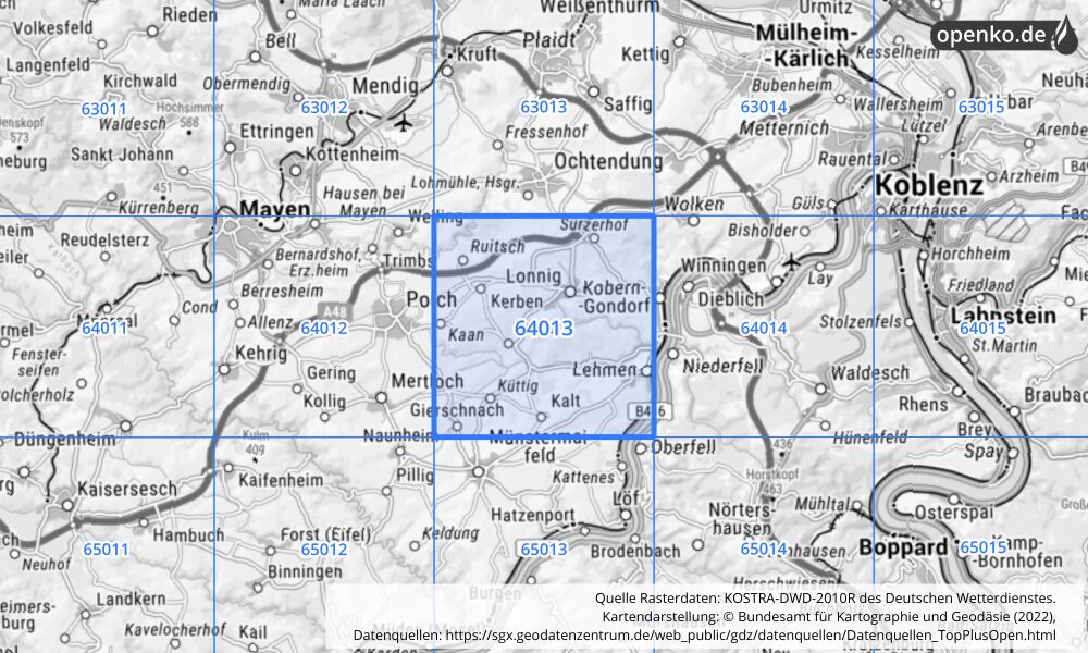 Übersichtskarte KOSTRA-DWD-2010R Rasterfeld Nr. 64013 mit angrenzenden Feldern