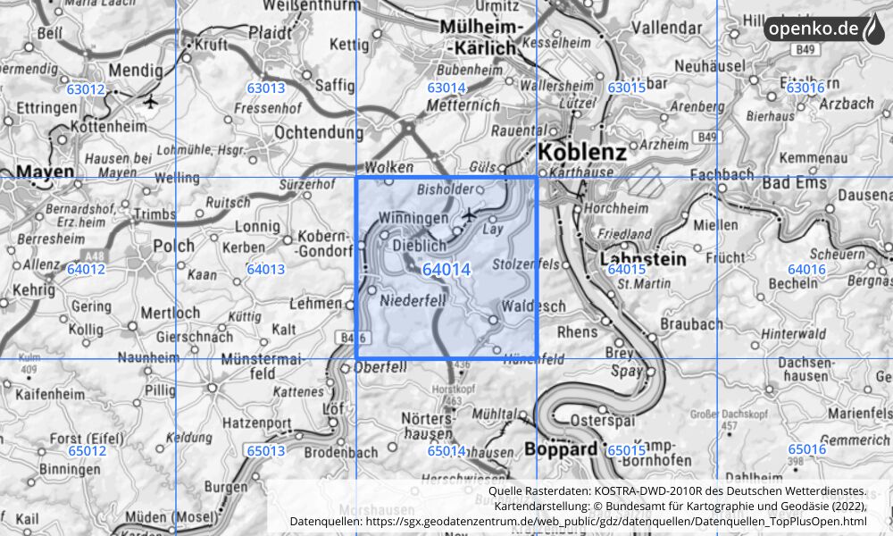 Übersichtskarte KOSTRA-DWD-2010R Rasterfeld Nr. 64014 mit angrenzenden Feldern