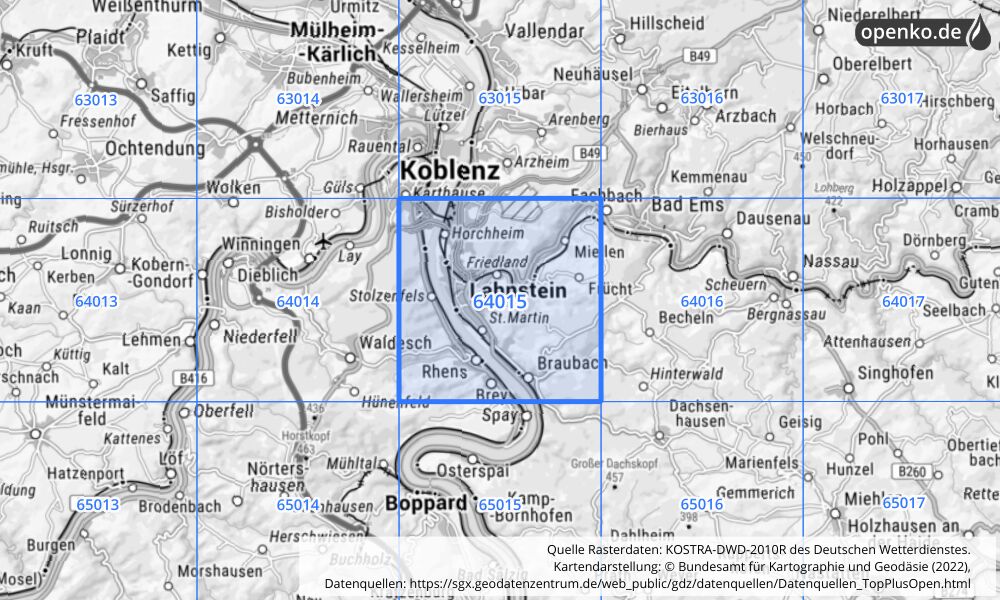 Übersichtskarte KOSTRA-DWD-2010R Rasterfeld Nr. 64015 mit angrenzenden Feldern