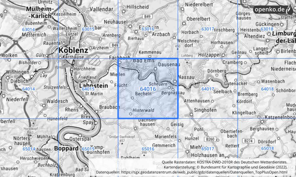 Übersichtskarte KOSTRA-DWD-2010R Rasterfeld Nr. 64016 mit angrenzenden Feldern