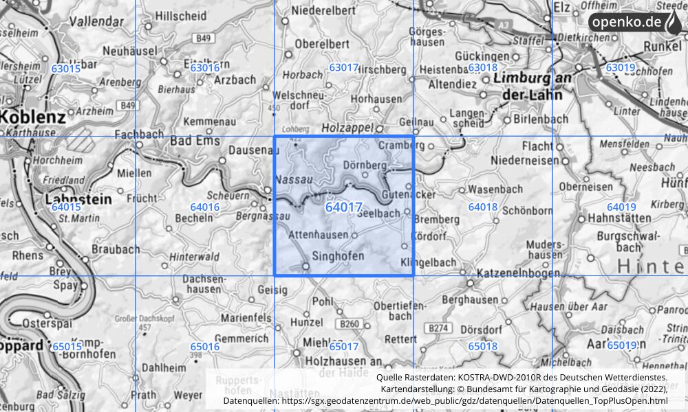 Übersichtskarte KOSTRA-DWD-2010R Rasterfeld Nr. 64017 mit angrenzenden Feldern