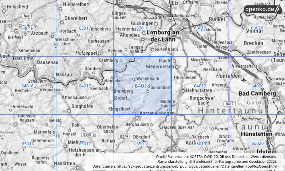 Übersichtskarte KOSTRA-DWD-2010R Rasterfeld Nr. 64018 mit angrenzenden Feldern