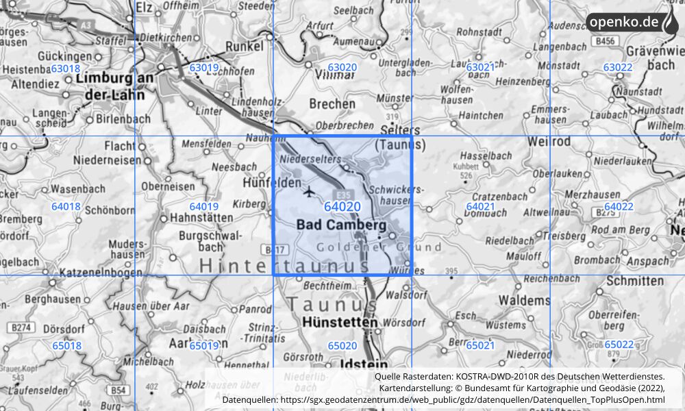 Übersichtskarte KOSTRA-DWD-2010R Rasterfeld Nr. 64020 mit angrenzenden Feldern