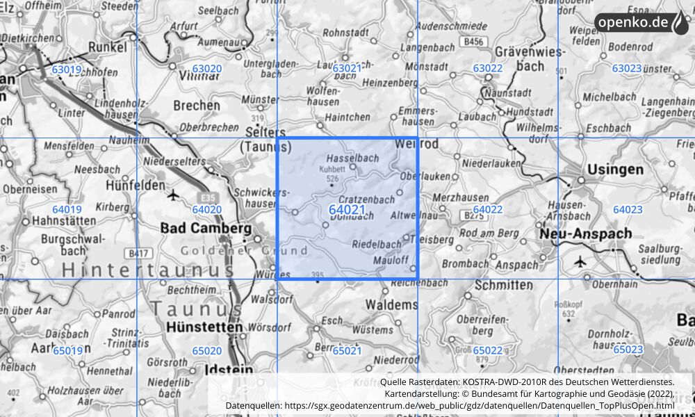 Übersichtskarte KOSTRA-DWD-2010R Rasterfeld Nr. 64021 mit angrenzenden Feldern