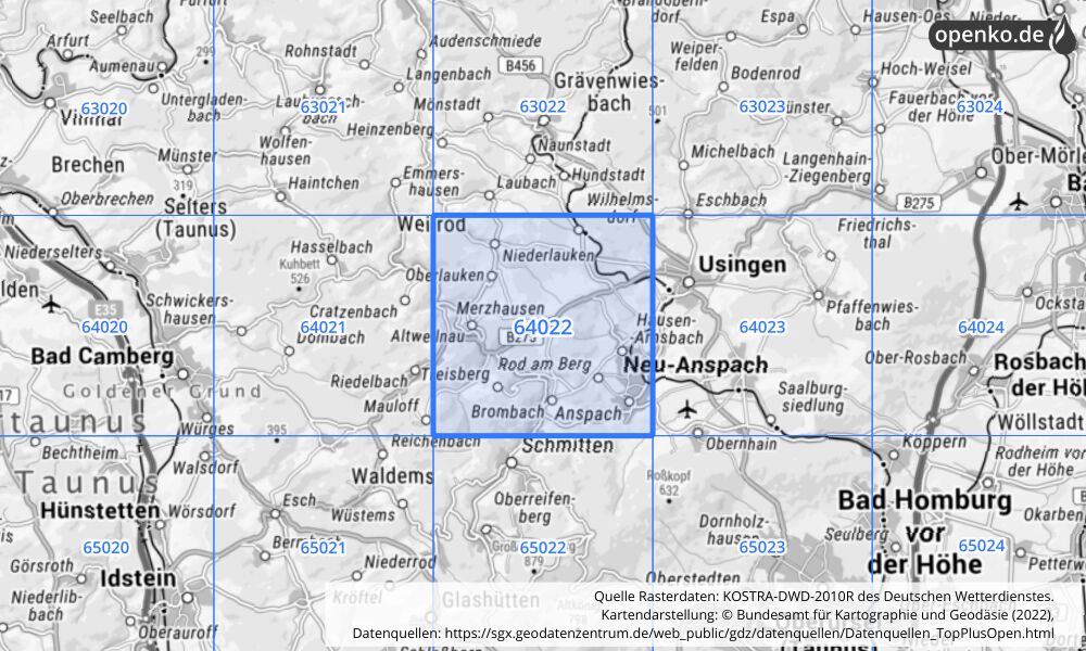 Übersichtskarte KOSTRA-DWD-2010R Rasterfeld Nr. 64022 mit angrenzenden Feldern