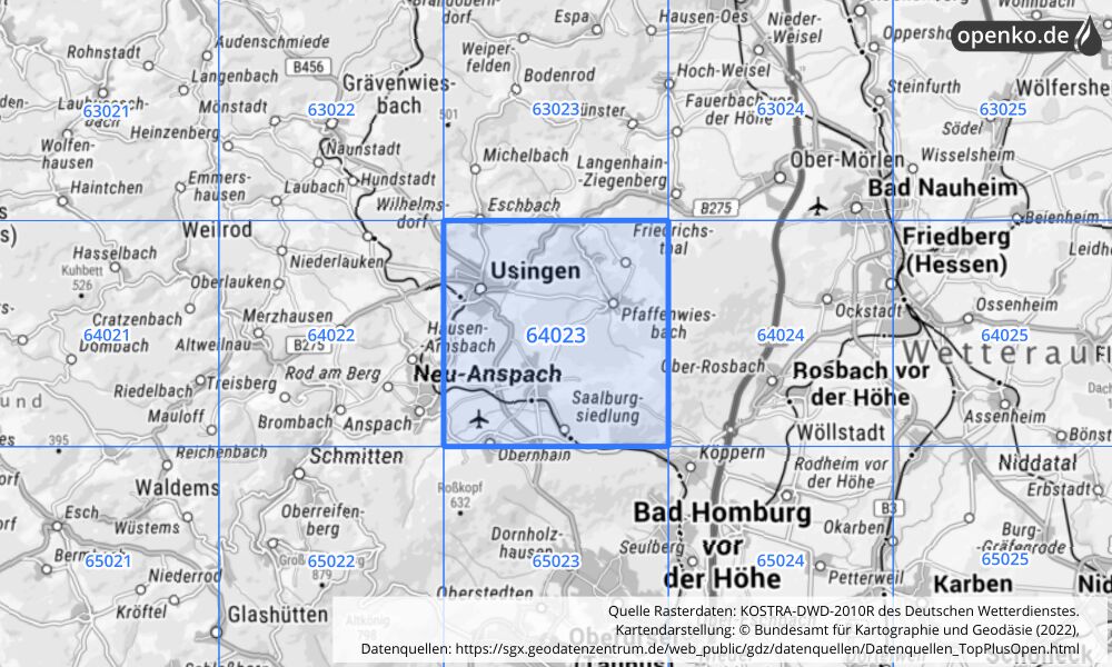 Übersichtskarte KOSTRA-DWD-2010R Rasterfeld Nr. 64023 mit angrenzenden Feldern