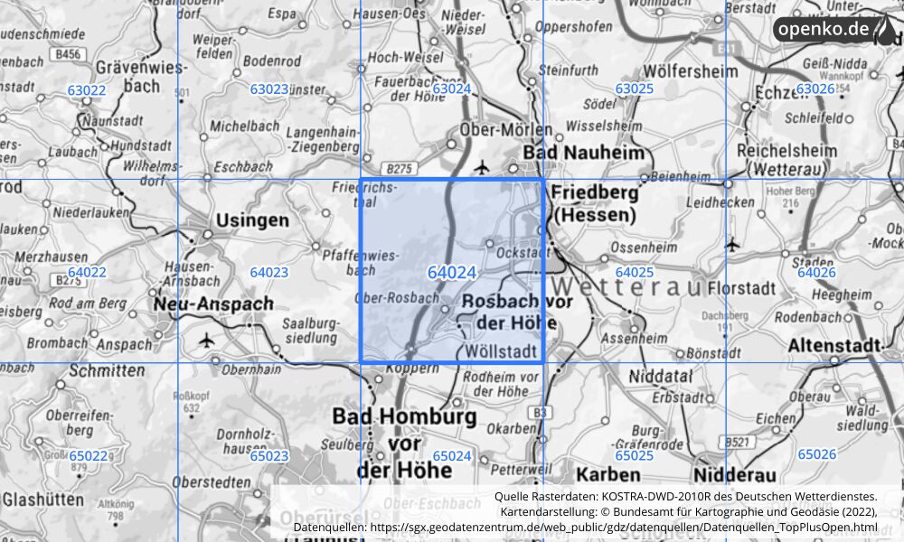 Übersichtskarte KOSTRA-DWD-2010R Rasterfeld Nr. 64024 mit angrenzenden Feldern