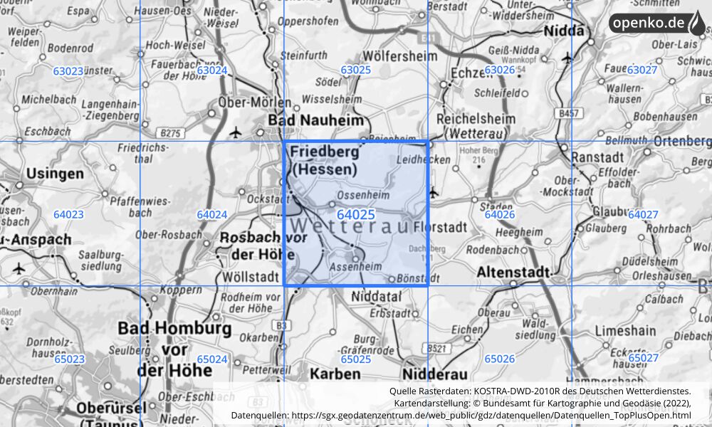 Übersichtskarte KOSTRA-DWD-2010R Rasterfeld Nr. 64025 mit angrenzenden Feldern