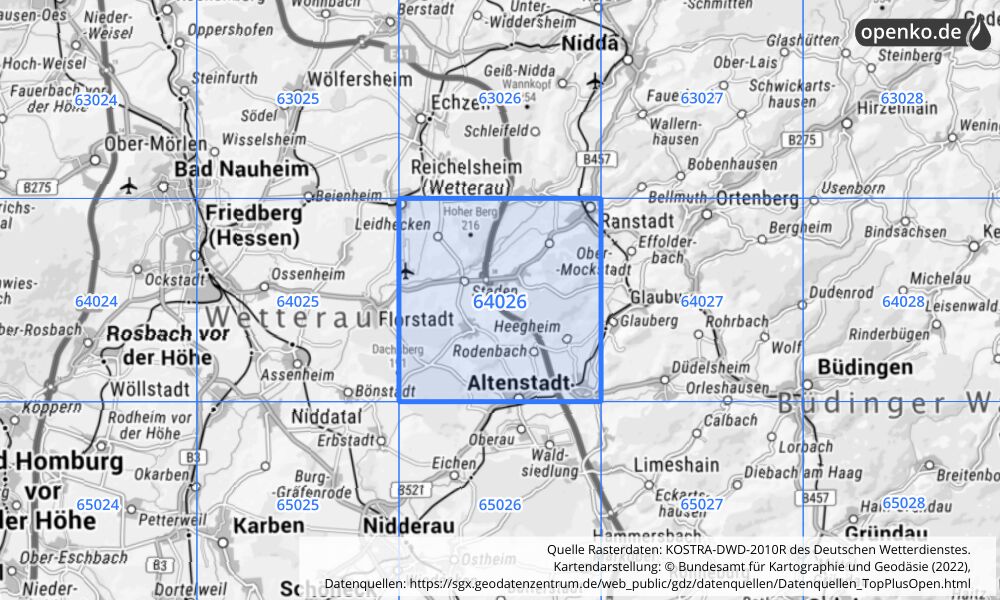 Übersichtskarte KOSTRA-DWD-2010R Rasterfeld Nr. 64026 mit angrenzenden Feldern