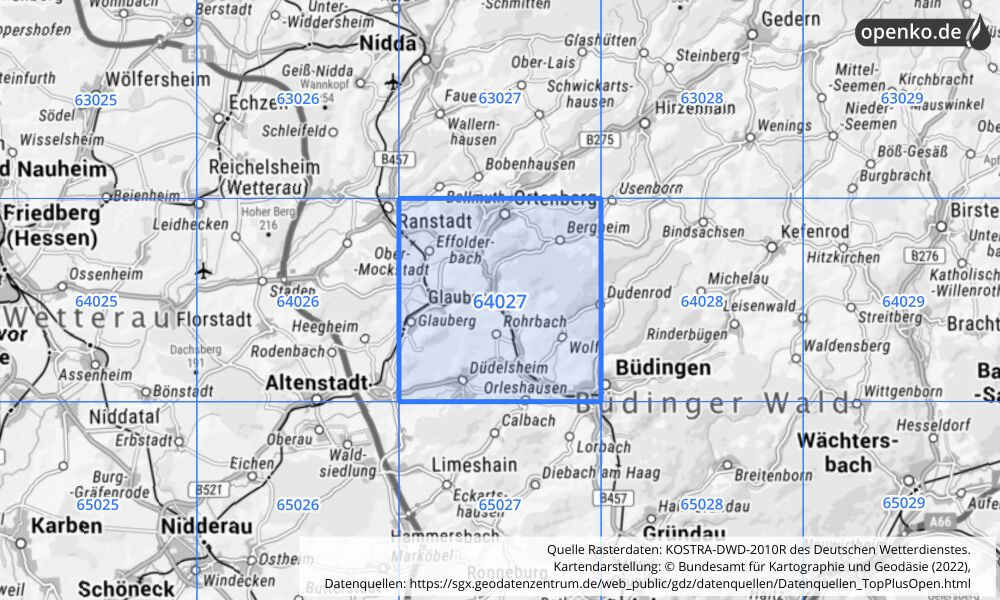 Übersichtskarte KOSTRA-DWD-2010R Rasterfeld Nr. 64027 mit angrenzenden Feldern