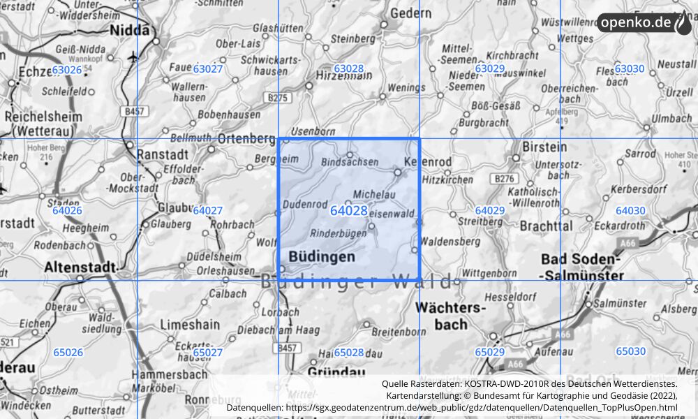 Übersichtskarte KOSTRA-DWD-2010R Rasterfeld Nr. 64028 mit angrenzenden Feldern