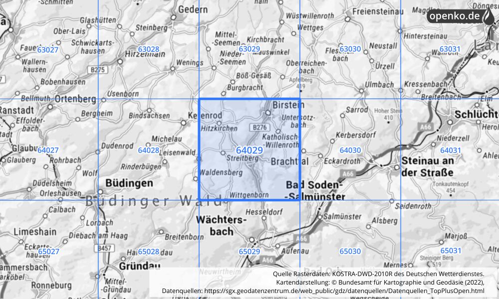 Übersichtskarte KOSTRA-DWD-2010R Rasterfeld Nr. 64029 mit angrenzenden Feldern