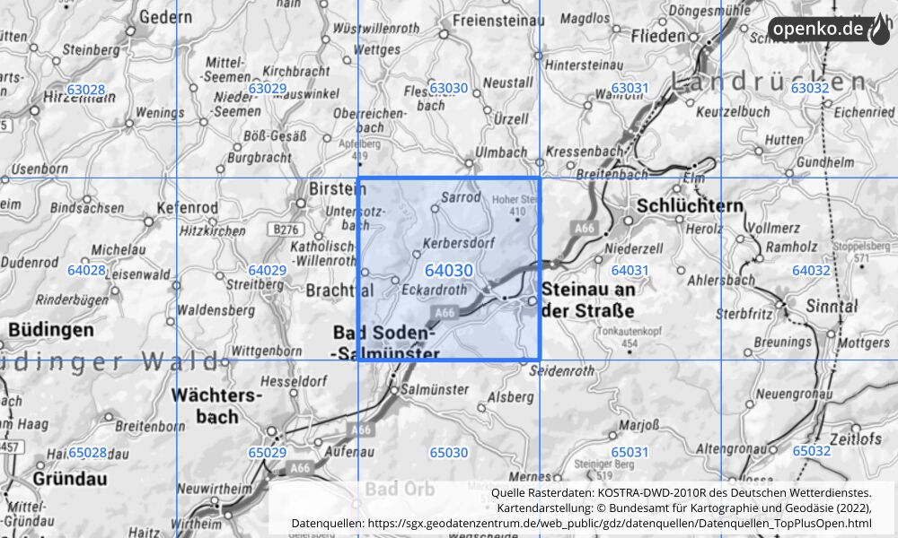 Übersichtskarte KOSTRA-DWD-2010R Rasterfeld Nr. 64030 mit angrenzenden Feldern