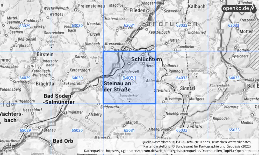 Übersichtskarte KOSTRA-DWD-2010R Rasterfeld Nr. 64031 mit angrenzenden Feldern