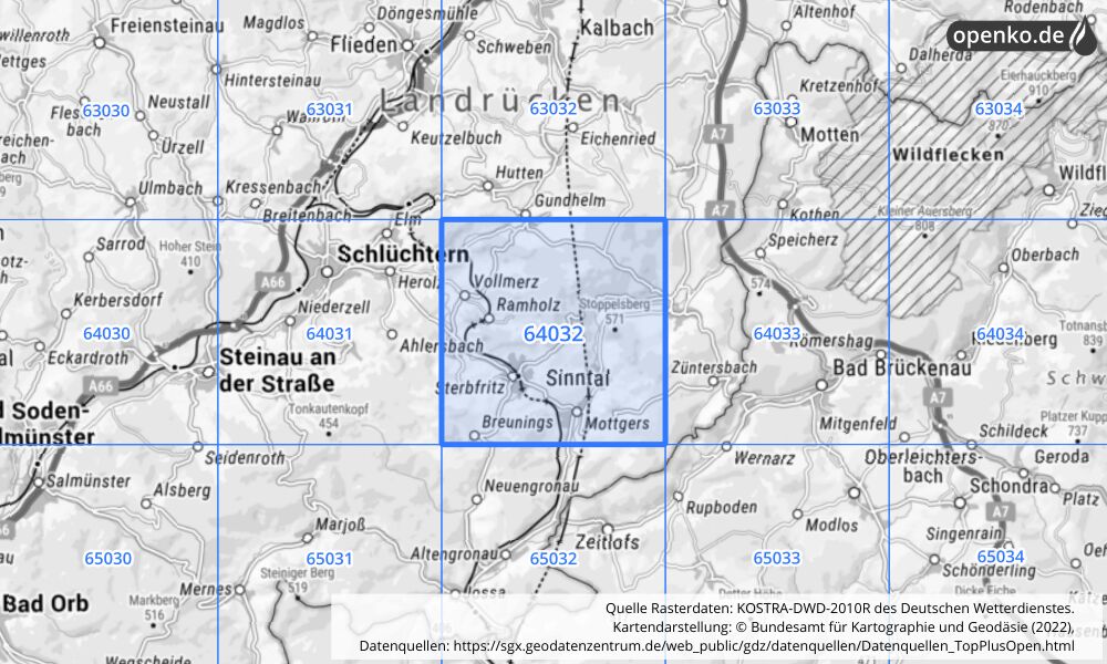 Übersichtskarte KOSTRA-DWD-2010R Rasterfeld Nr. 64032 mit angrenzenden Feldern