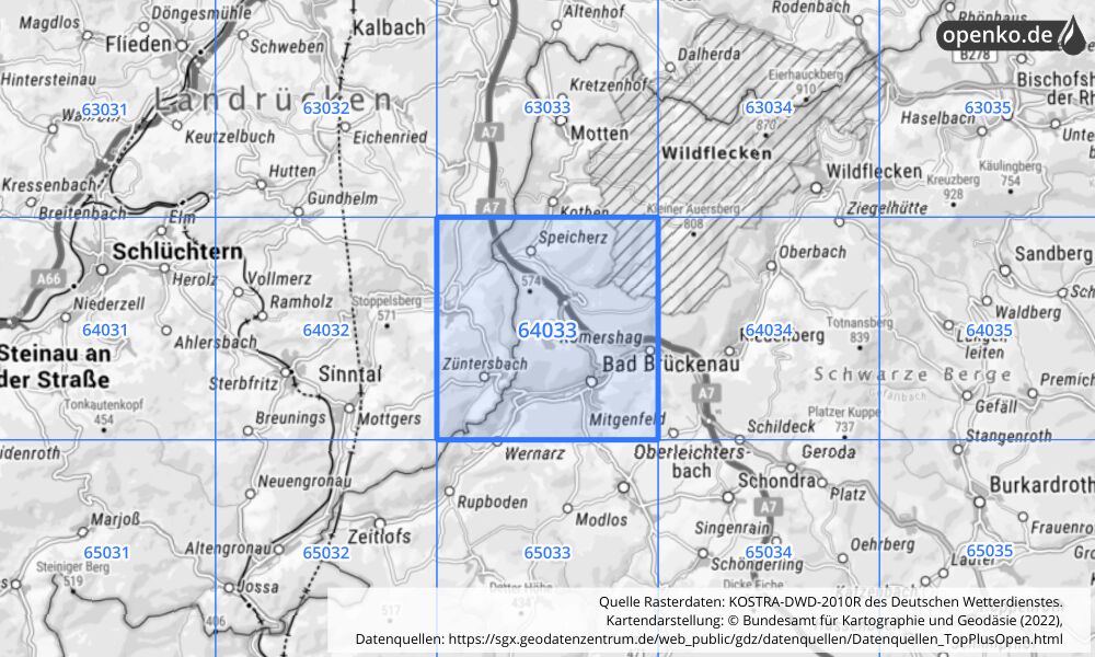 Übersichtskarte KOSTRA-DWD-2010R Rasterfeld Nr. 64033 mit angrenzenden Feldern