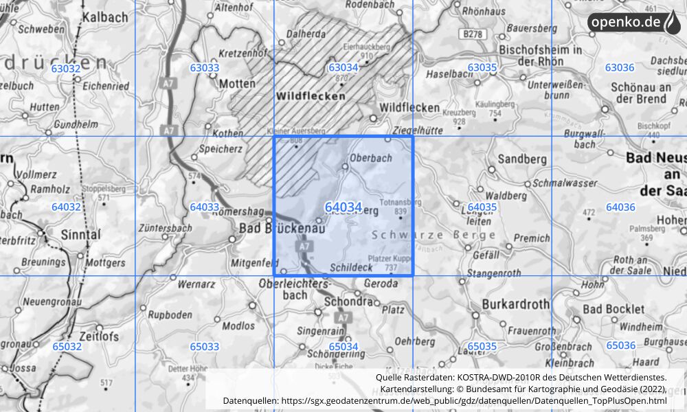 Übersichtskarte KOSTRA-DWD-2010R Rasterfeld Nr. 64034 mit angrenzenden Feldern