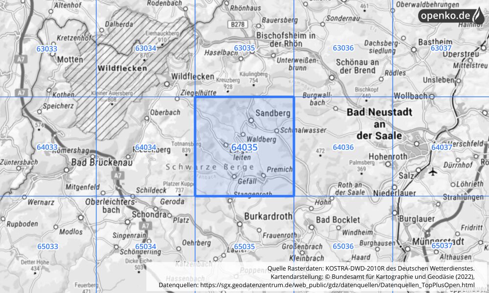 Übersichtskarte KOSTRA-DWD-2010R Rasterfeld Nr. 64035 mit angrenzenden Feldern