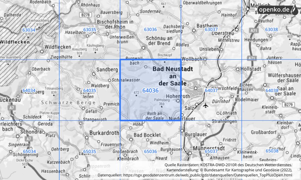 Übersichtskarte KOSTRA-DWD-2010R Rasterfeld Nr. 64036 mit angrenzenden Feldern