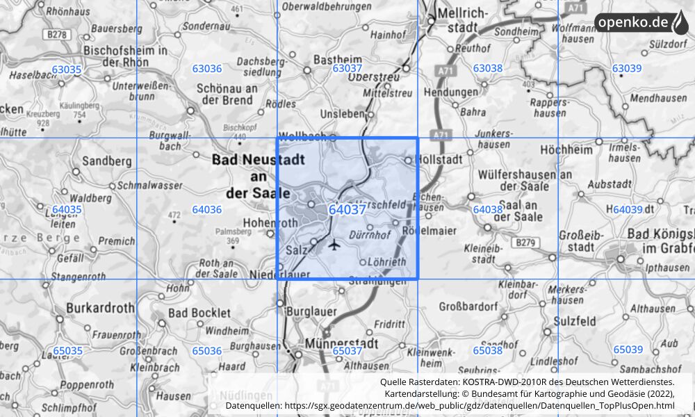 Übersichtskarte KOSTRA-DWD-2010R Rasterfeld Nr. 64037 mit angrenzenden Feldern