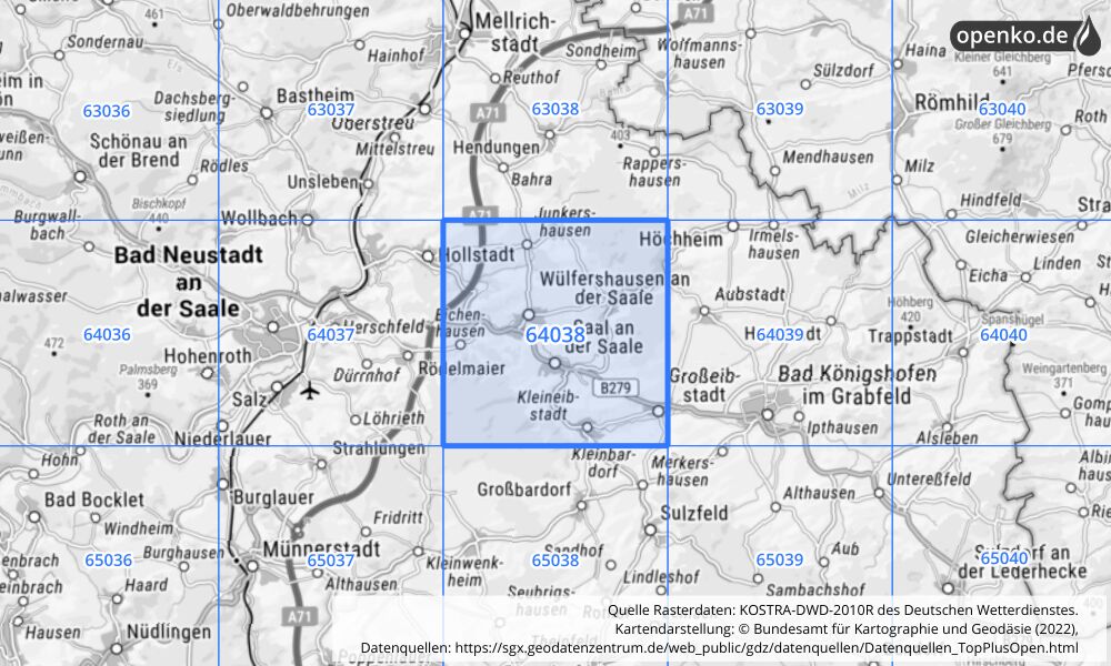 Übersichtskarte KOSTRA-DWD-2010R Rasterfeld Nr. 64038 mit angrenzenden Feldern