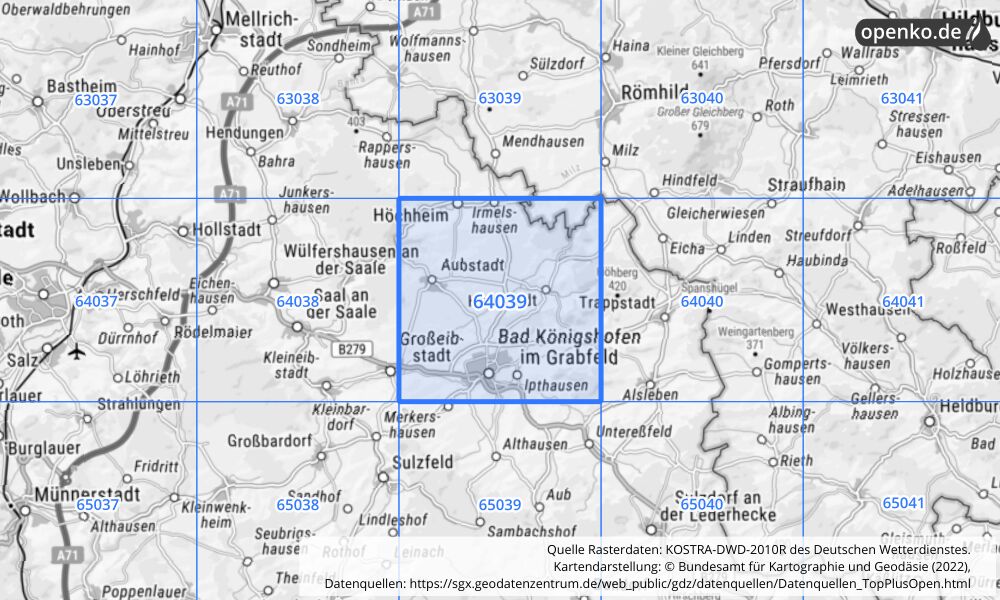 Übersichtskarte KOSTRA-DWD-2010R Rasterfeld Nr. 64039 mit angrenzenden Feldern