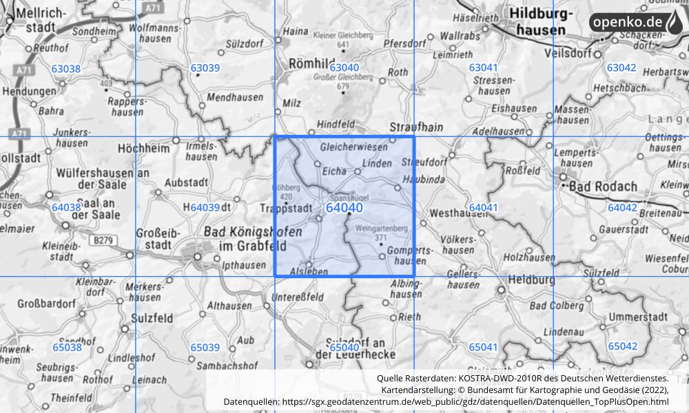 Übersichtskarte KOSTRA-DWD-2010R Rasterfeld Nr. 64040 mit angrenzenden Feldern