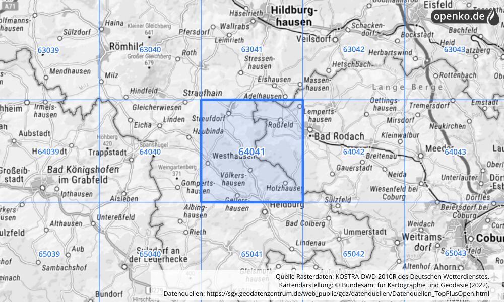 Übersichtskarte KOSTRA-DWD-2010R Rasterfeld Nr. 64041 mit angrenzenden Feldern