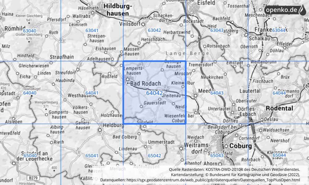 Übersichtskarte KOSTRA-DWD-2010R Rasterfeld Nr. 64042 mit angrenzenden Feldern