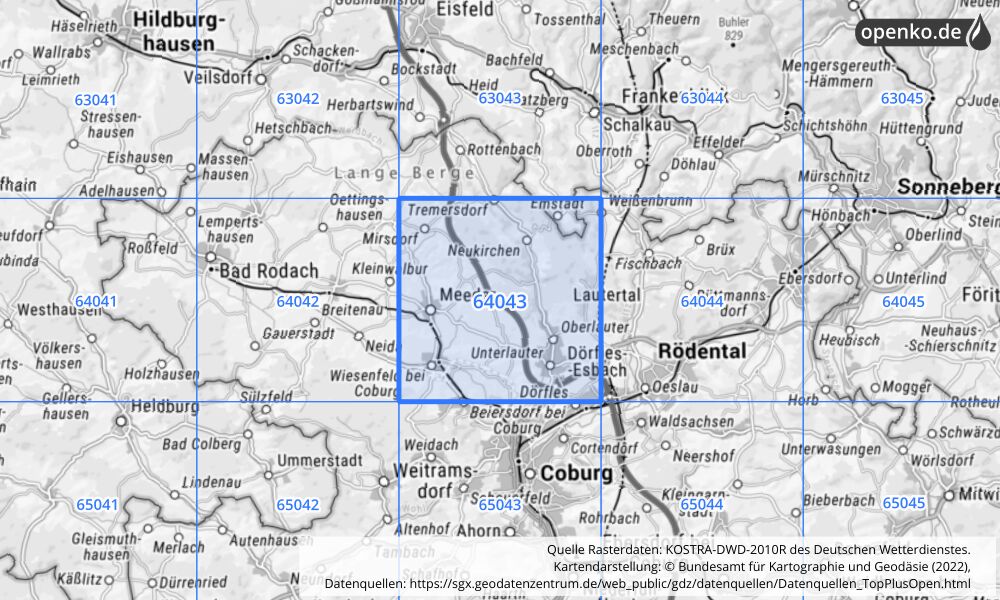 Übersichtskarte KOSTRA-DWD-2010R Rasterfeld Nr. 64043 mit angrenzenden Feldern