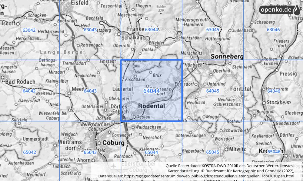 Übersichtskarte KOSTRA-DWD-2010R Rasterfeld Nr. 64044 mit angrenzenden Feldern