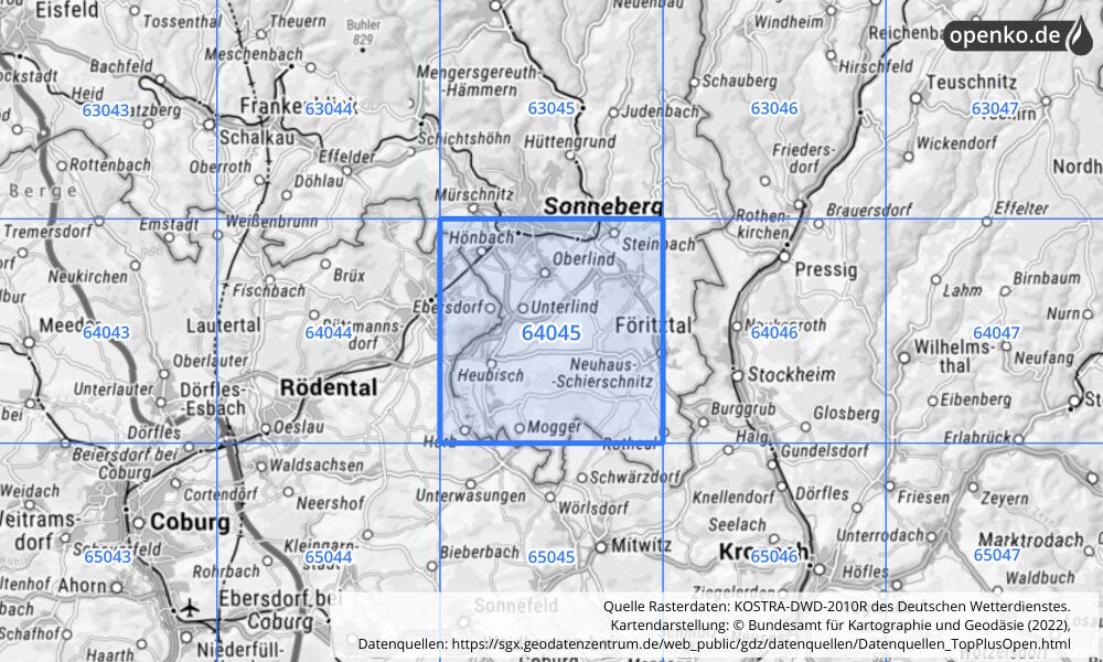 Übersichtskarte KOSTRA-DWD-2010R Rasterfeld Nr. 64045 mit angrenzenden Feldern