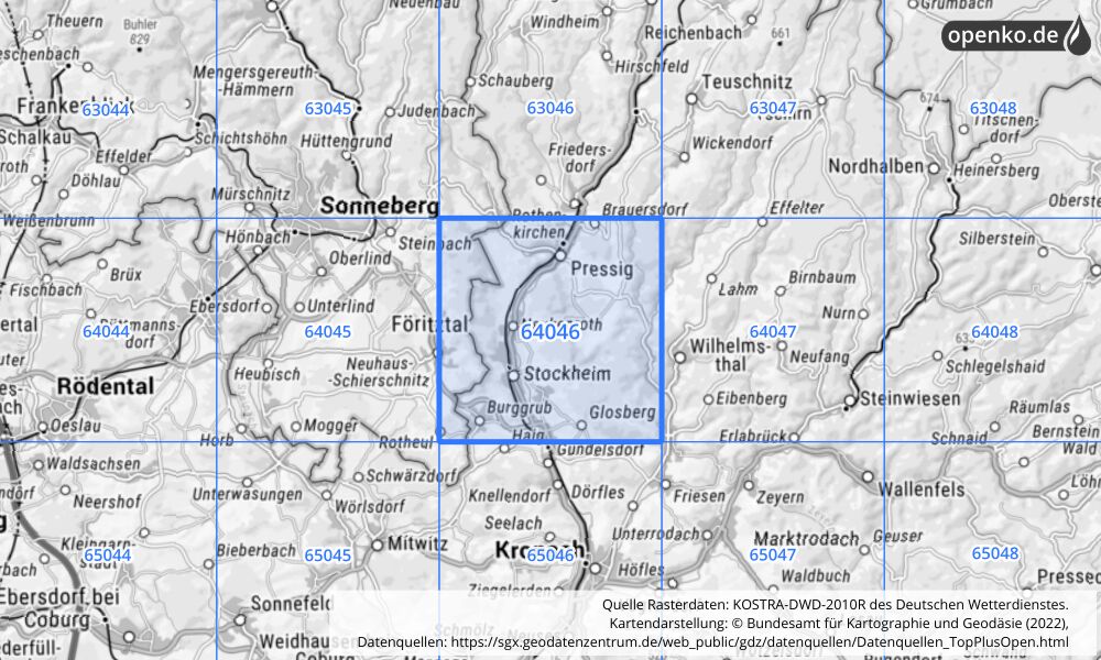 Übersichtskarte KOSTRA-DWD-2010R Rasterfeld Nr. 64046 mit angrenzenden Feldern