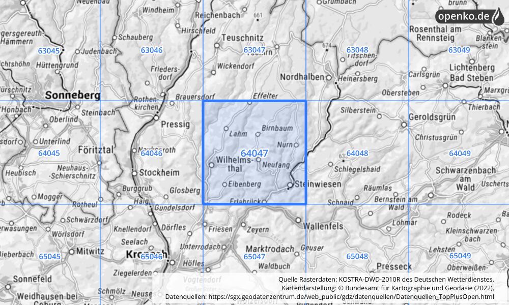 Übersichtskarte KOSTRA-DWD-2010R Rasterfeld Nr. 64047 mit angrenzenden Feldern