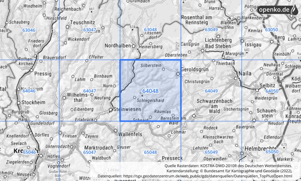 Übersichtskarte KOSTRA-DWD-2010R Rasterfeld Nr. 64048 mit angrenzenden Feldern