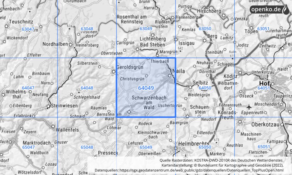 Übersichtskarte KOSTRA-DWD-2010R Rasterfeld Nr. 64049 mit angrenzenden Feldern