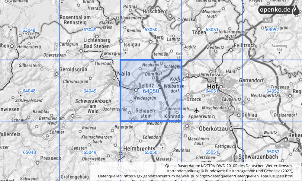 Übersichtskarte KOSTRA-DWD-2010R Rasterfeld Nr. 64050 mit angrenzenden Feldern