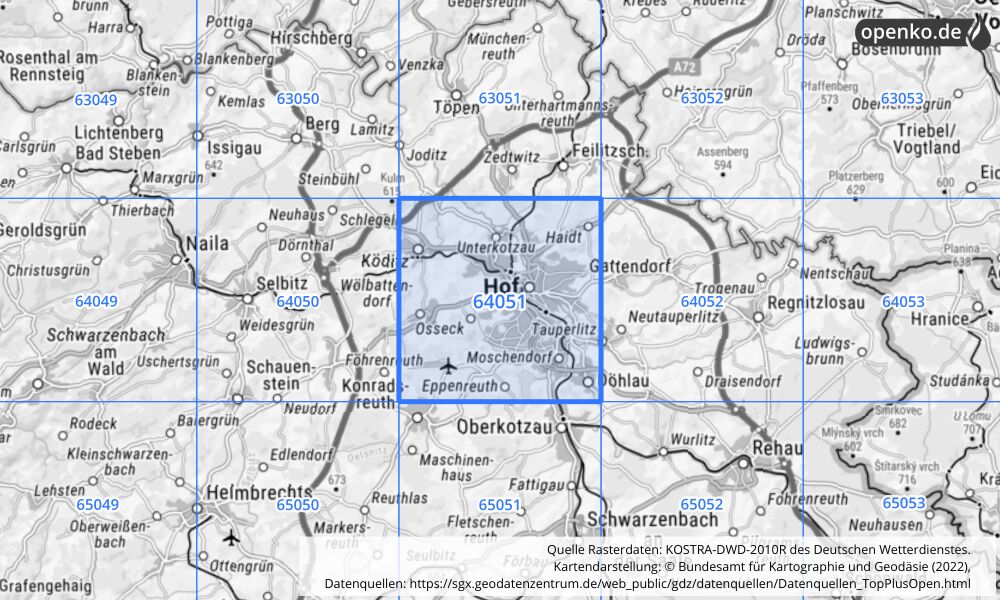 Übersichtskarte KOSTRA-DWD-2010R Rasterfeld Nr. 64051 mit angrenzenden Feldern