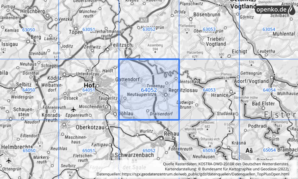 Übersichtskarte KOSTRA-DWD-2010R Rasterfeld Nr. 64052 mit angrenzenden Feldern