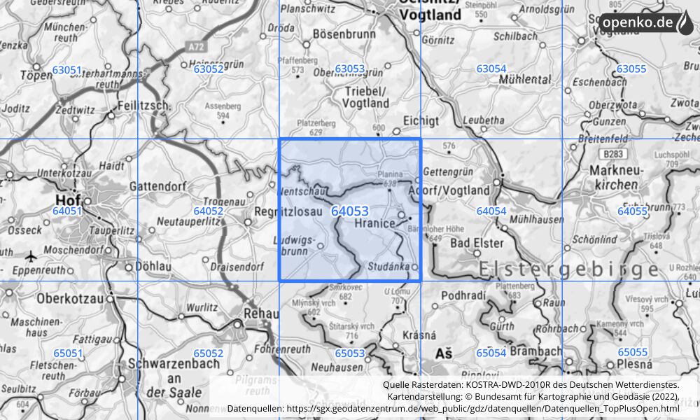 Übersichtskarte KOSTRA-DWD-2010R Rasterfeld Nr. 64053 mit angrenzenden Feldern