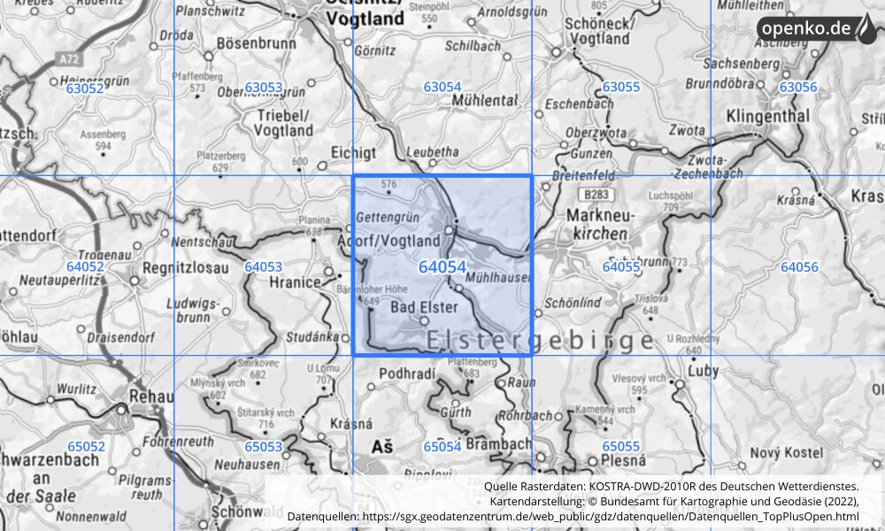 Übersichtskarte KOSTRA-DWD-2010R Rasterfeld Nr. 64054 mit angrenzenden Feldern