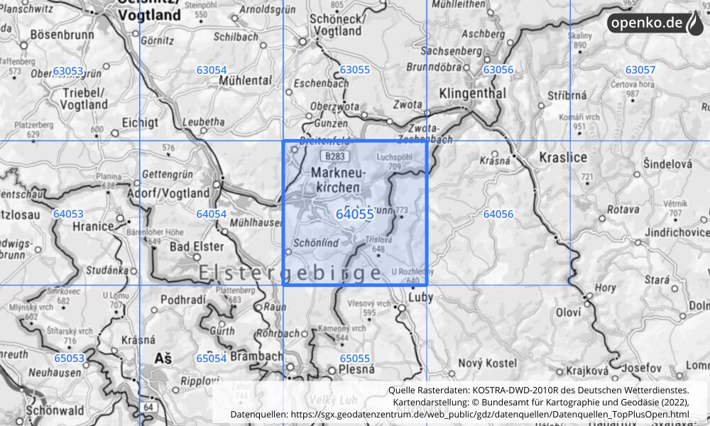 Übersichtskarte KOSTRA-DWD-2010R Rasterfeld Nr. 64055 mit angrenzenden Feldern