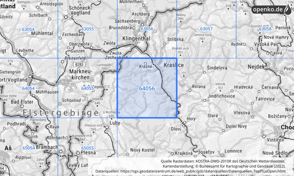 Übersichtskarte KOSTRA-DWD-2010R Rasterfeld Nr. 64056 mit angrenzenden Feldern