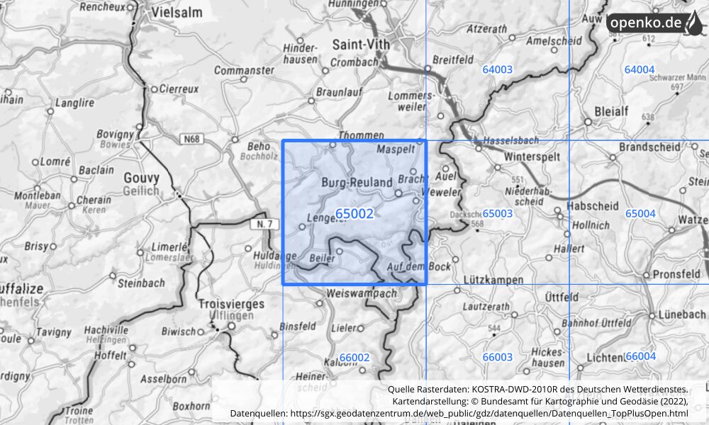 Übersichtskarte KOSTRA-DWD-2010R Rasterfeld Nr. 65002 mit angrenzenden Feldern