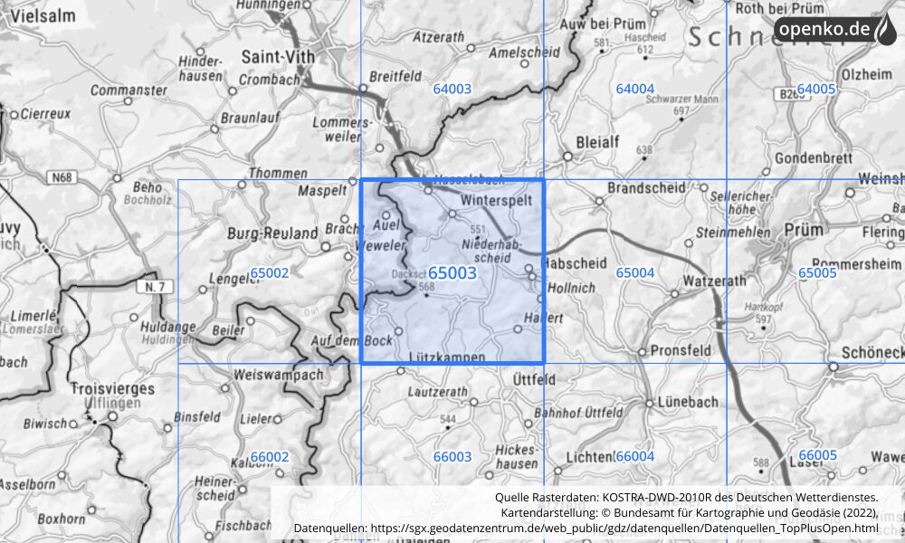 Übersichtskarte KOSTRA-DWD-2010R Rasterfeld Nr. 65003 mit angrenzenden Feldern