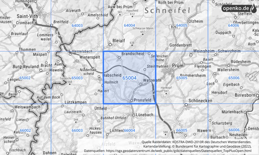 Übersichtskarte KOSTRA-DWD-2010R Rasterfeld Nr. 65004 mit angrenzenden Feldern