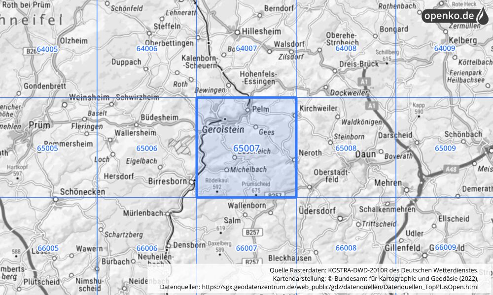 Übersichtskarte KOSTRA-DWD-2010R Rasterfeld Nr. 65007 mit angrenzenden Feldern