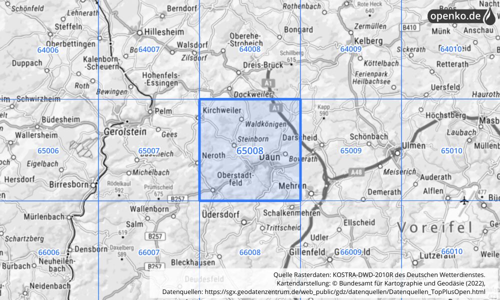 Übersichtskarte KOSTRA-DWD-2010R Rasterfeld Nr. 65008 mit angrenzenden Feldern