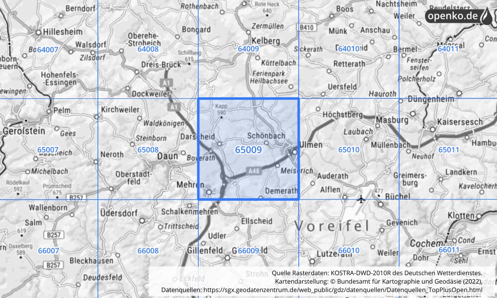 Übersichtskarte KOSTRA-DWD-2010R Rasterfeld Nr. 65009 mit angrenzenden Feldern