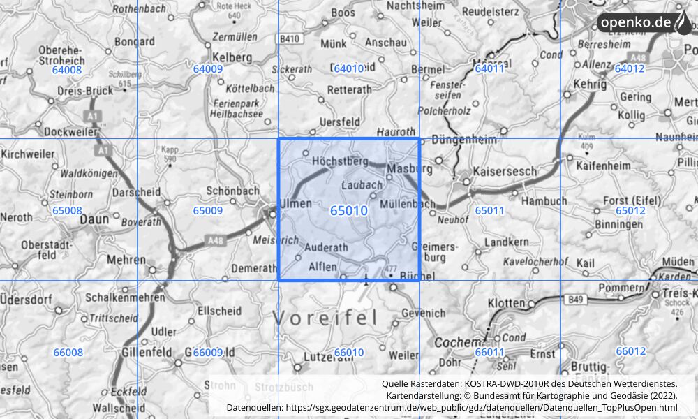 Übersichtskarte KOSTRA-DWD-2010R Rasterfeld Nr. 65010 mit angrenzenden Feldern